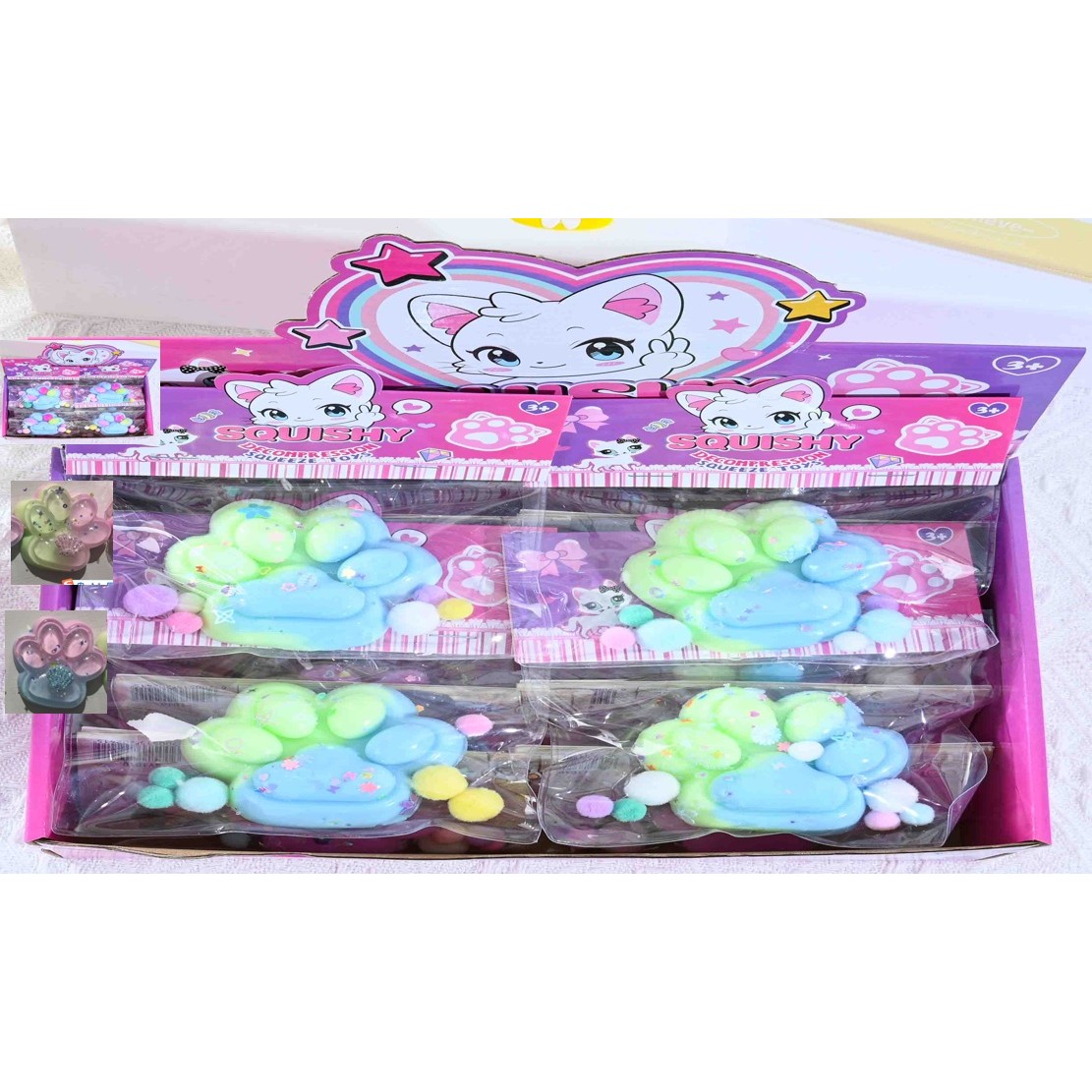 Jucarie Antistres Squishy, Flippy, cu Revenire Lenta, Labuta de Pisica Pufoasa, 7.5 cm, Ambalaj Transparent, Model 27059, Multicolor