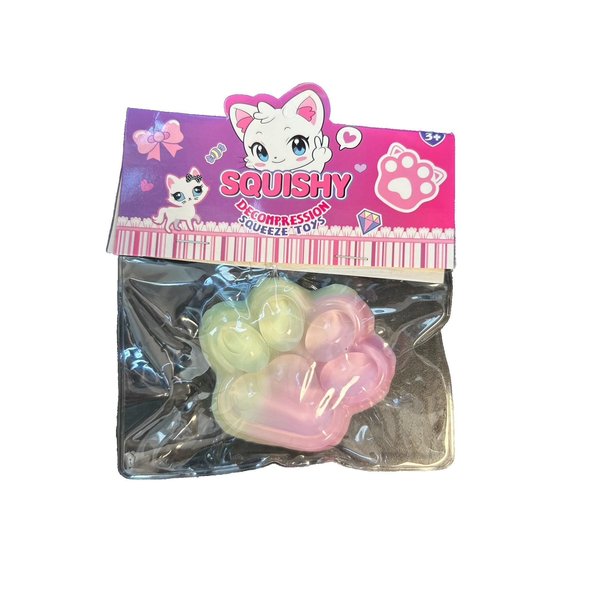 Jucarie Antistres Squishy, Flippy, cu Revenire Lenta, Labuta de Pisica Pufoasa, 7.5 cm, Ambalaj Transparent, Model 270511, Multicolor