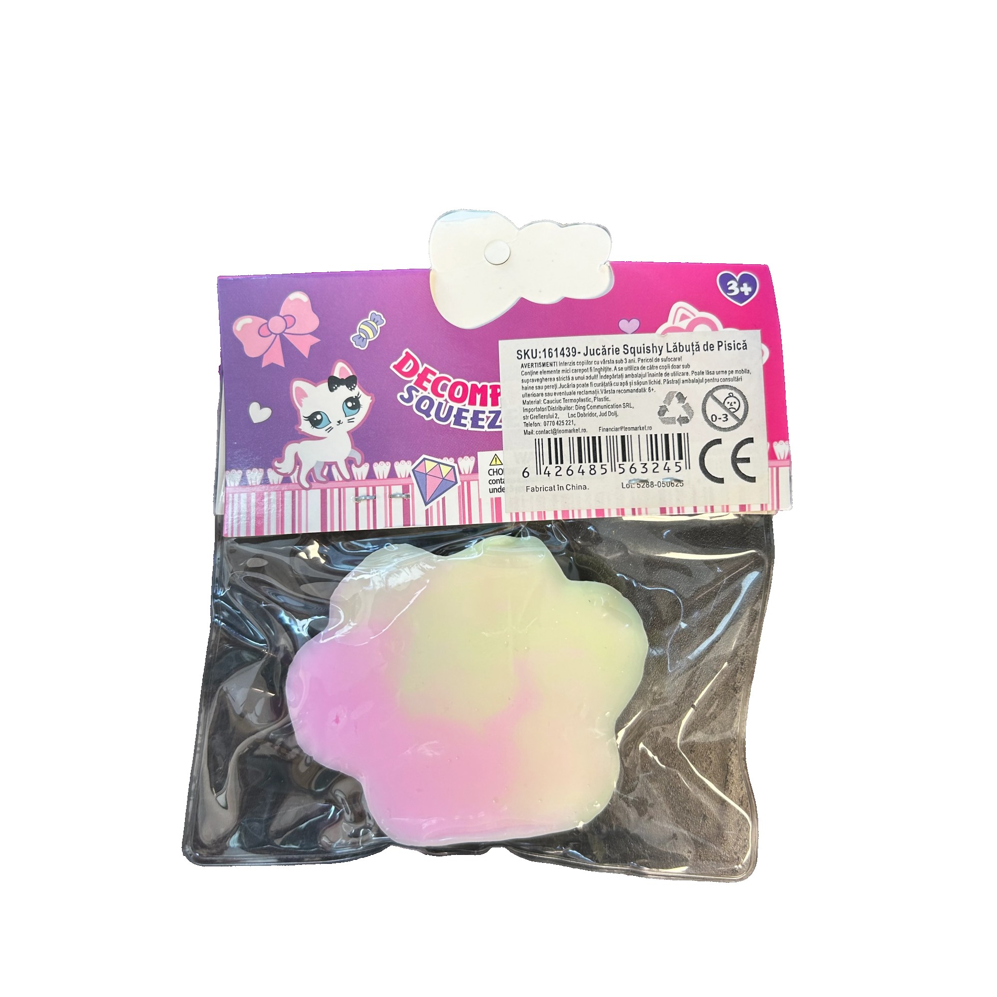 Jucarie Antistres Squishy, Flippy, cu Revenire Lenta, Labuta de Pisica Pufoasa, 7.5 cm, Ambalaj Transparent, Model 270511, Multicolor