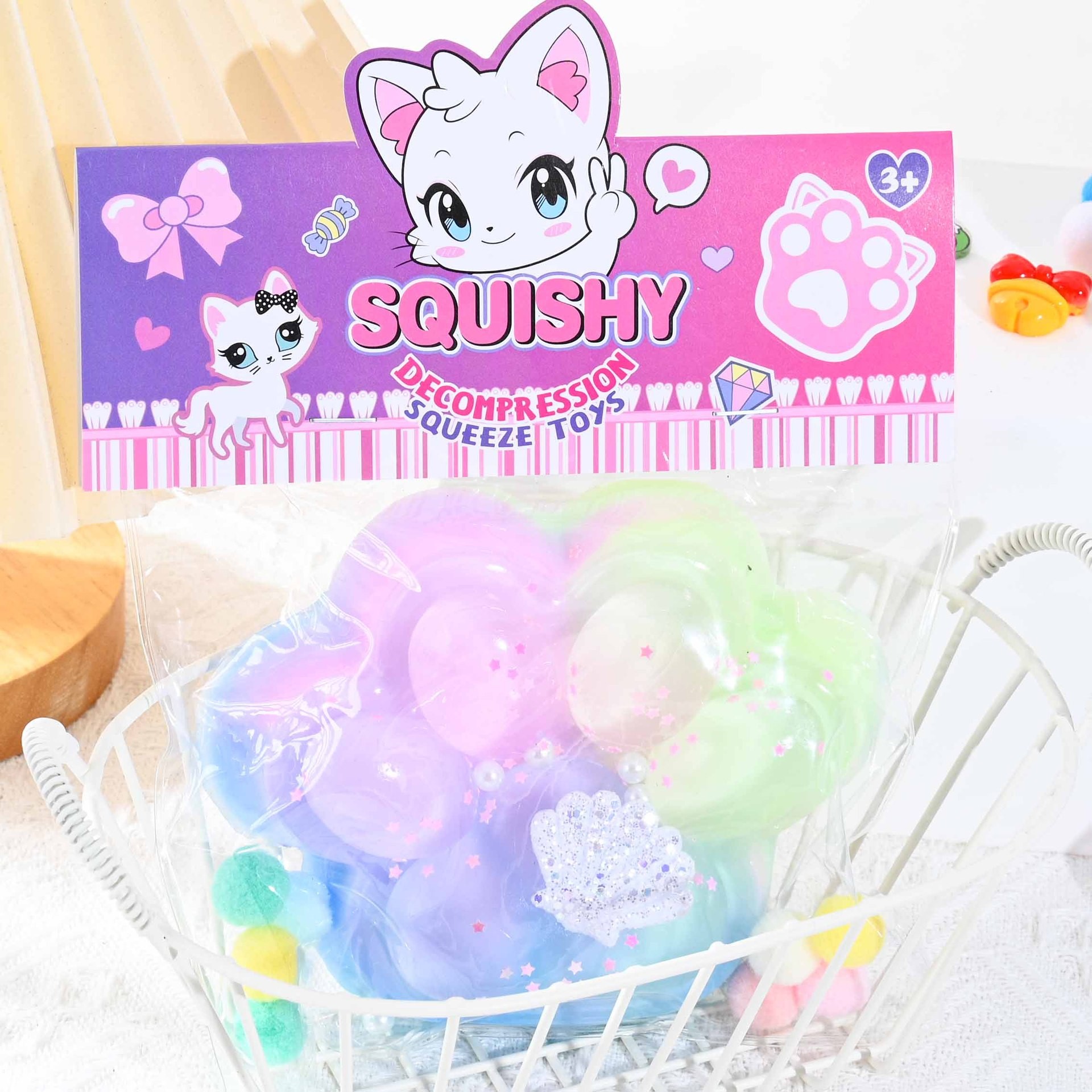Jucarie Antistres Squishy, Flippy, Labuta de Pisica Squeeze Toys, cu Revenire Lenta, 7.5 cm, Model 270531, Multicolor