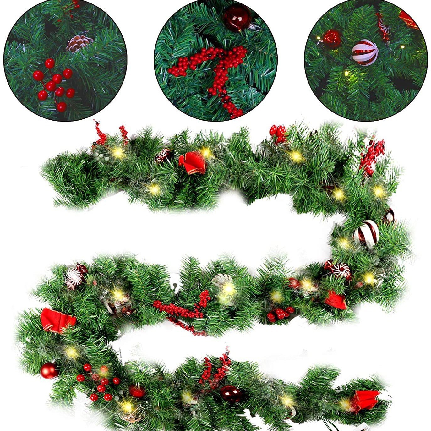 Ghirlanda de Craciun, Flippy, din Brad Artificial cu Decoratiuni, cu Baterii, 30 LED-uri, 180 cm, Verde