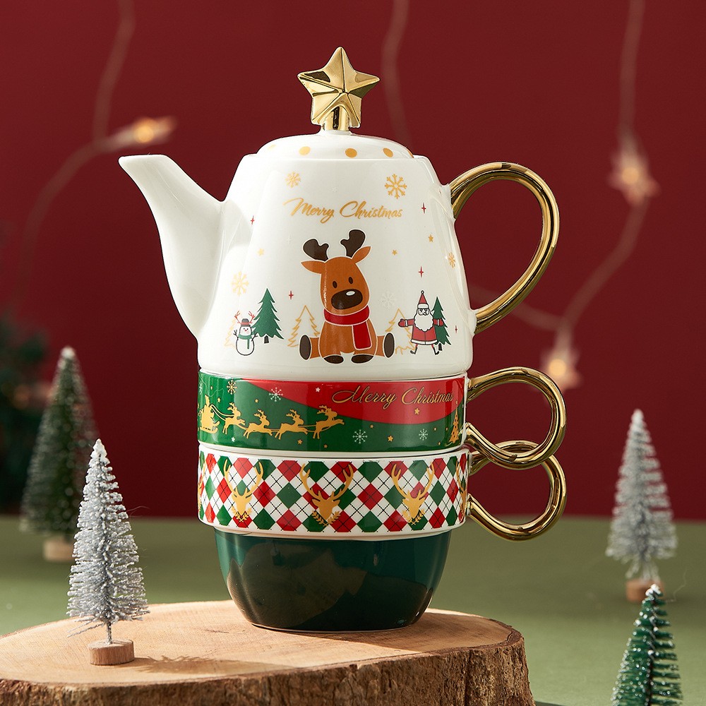 Set de Ceai, Flippy, Tema Craciun, Ceainic 450 ml, 2 x Cani 250 ml, din Ceramica, Model Ren Merry Christmas, Alb/Verde