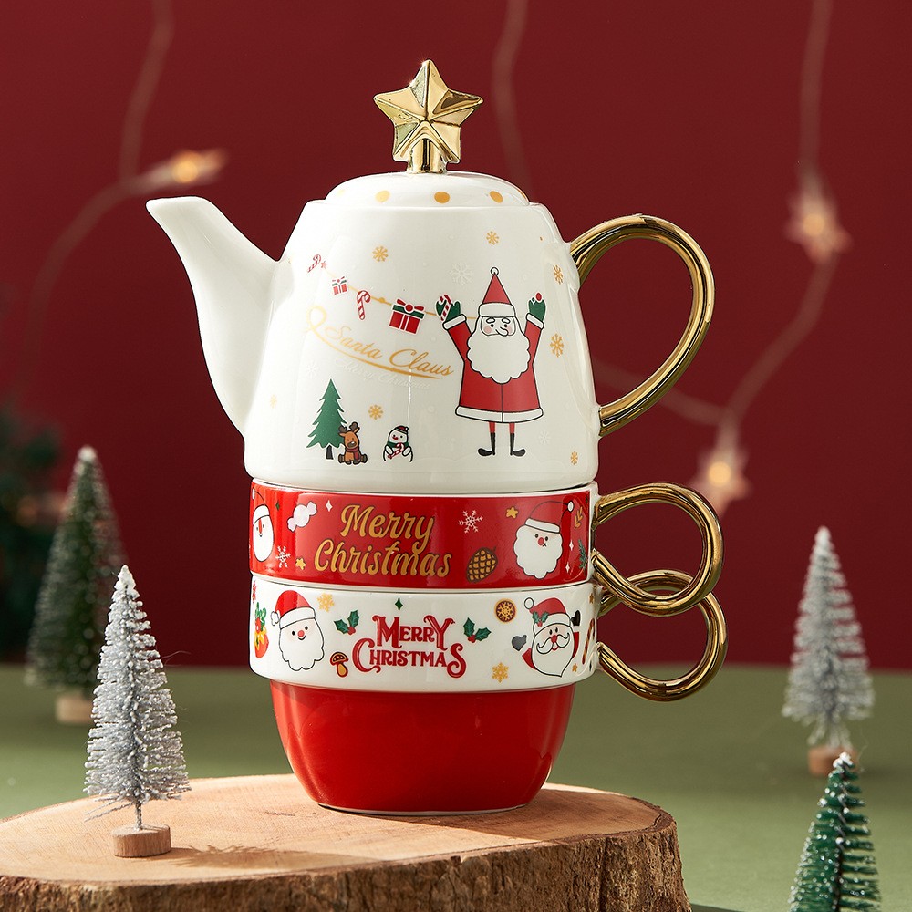 Set de Ceai, Flippy, Tema Craciun, Ceainic 450 ml, 2 x Cani 250 ml, din Ceramica, Model Mos Craciun/Santa Claus, Alb/Rosu