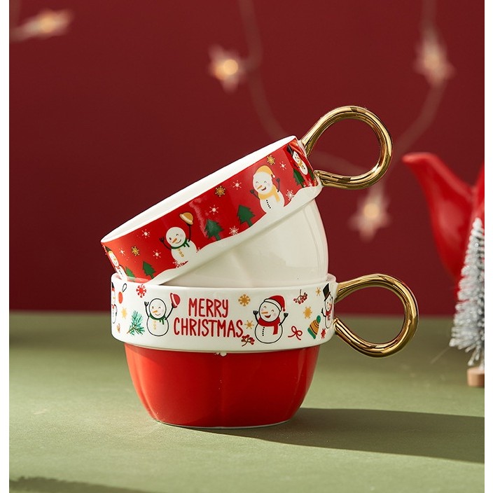 Set de Ceai, Flippy, Tema Craciun, Ceainic 450 ml, 2 x Cani 250 ml, din Ceramica, Model Mos Craciun/Santa Claus, Alb/Rosu