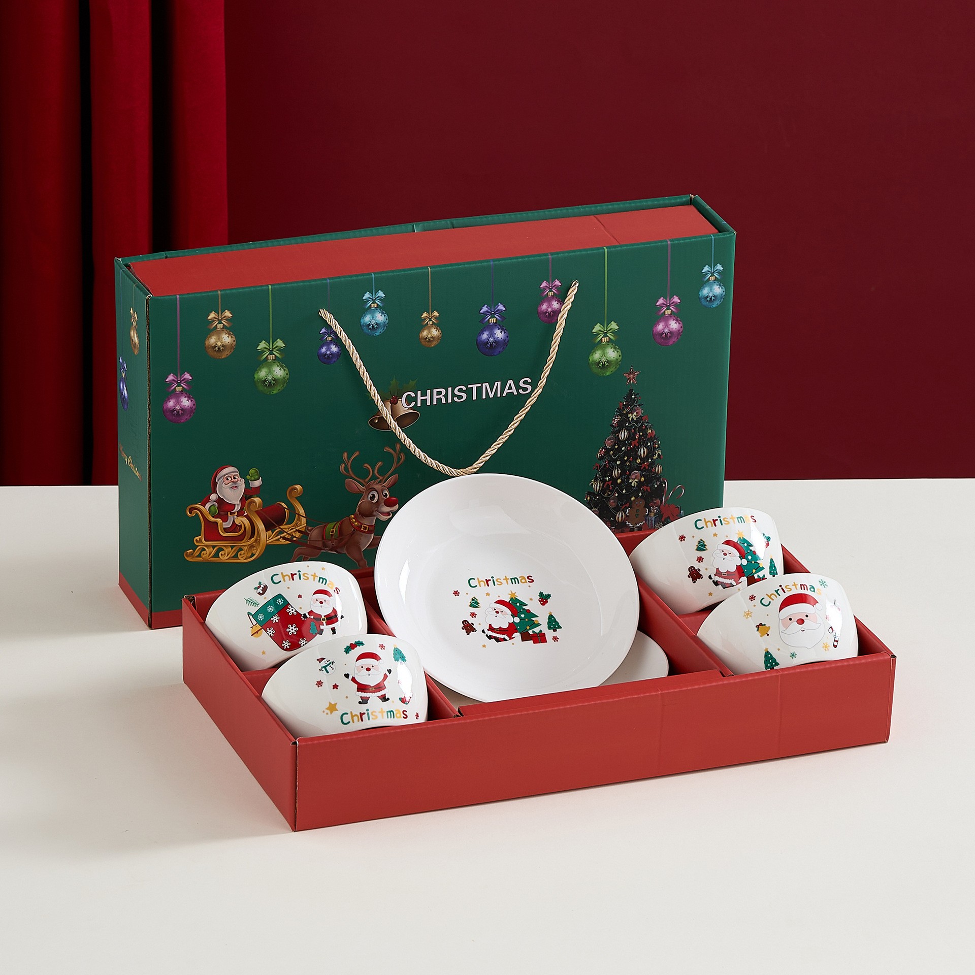 Set Vesela Festiva, Flippy, Tema Craciun, 4 x Boluri 300 ml, 2 x Farfurii 18 x 3.4 cm, din Ceramica, Model 2, Multicolor