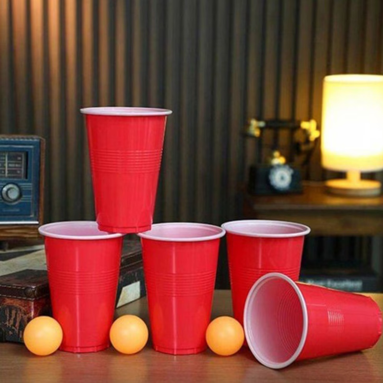 Joc de Baut BEER PONG, Flippy, Set din 12 Mingi de Tenis si 12 Pahare Reutilizabile, Joc Interactiv pentu Adulti, Albastru Rosu