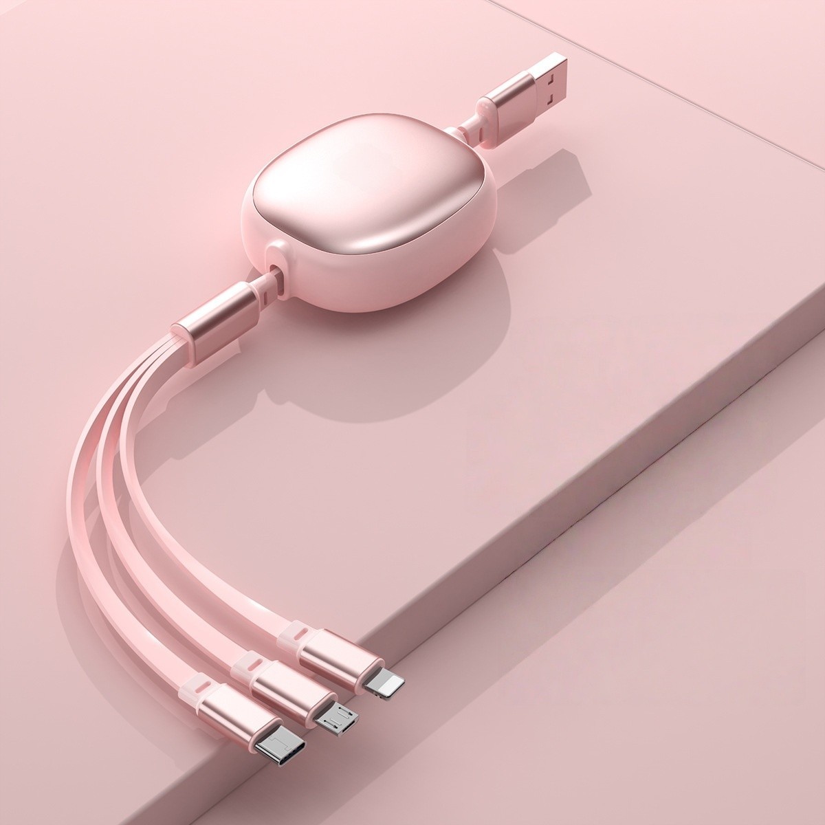 Cablu Retractabil Universal pentru Telefon, Flippy, Universal 3in1 pentru Orice Tip de Telefon, Micro-USB, Lightning, TYPE-C, 1.2M, Roz