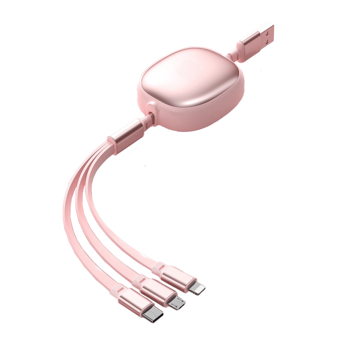 Cablu Retractabil Universal pentru Telefon, Flippy, Universal 3in1 pentru Orice Tip de Telefon, Micro-USB, Lightning, TYPE-C, 1.2M, Roz