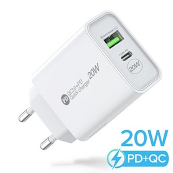 Incarcator Rapid PD QC3.0, Flippy, 2 Porturi, USB + Type C, 20W, Incarcare Rapida, Protectie Supraincalzire, 9.5 x 5.3 x 5.8 cm, Alb