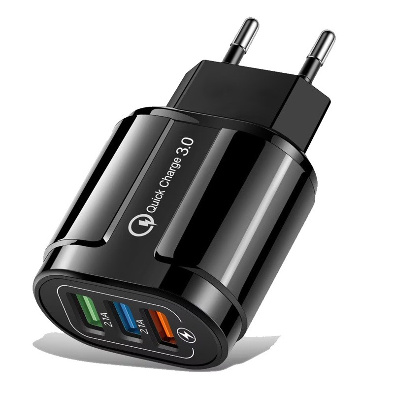 Incarcator Rapid QC3.0, Flippy, 3 Porturi USB, 2.1A, 18W, din ABS, Protectie Supraincalzire, Gama Macarons, Negru