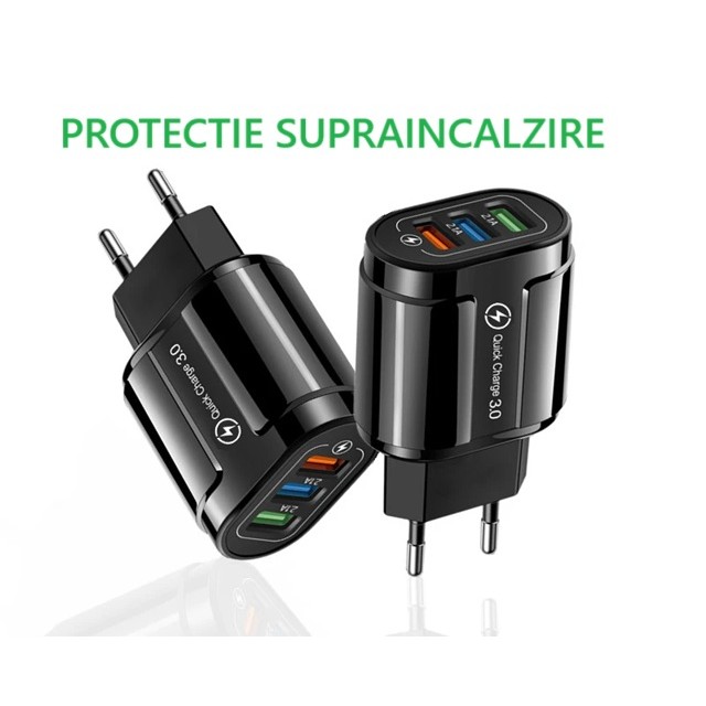 Incarcator Rapid QC3.0, Flippy, 3 Porturi USB, 2.1A, 18W, din ABS, Protectie Supraincalzire, Gama Macarons, Negru