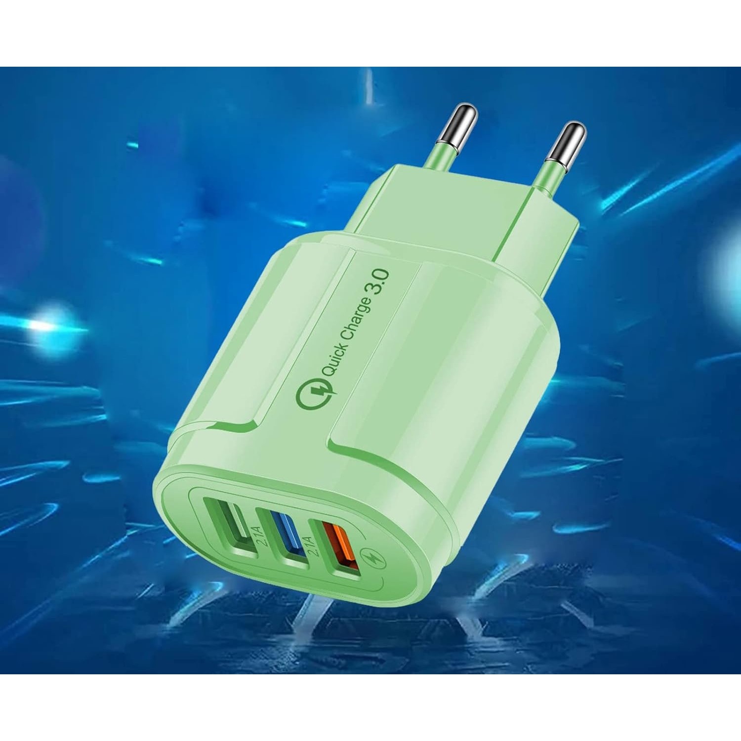 Incarcator Rapid QC3.0, Flippy, 3 Porturi USB, 2.1A, 18W, din ABS, Protectie Supraincalzire, Gama Macarons, Verde