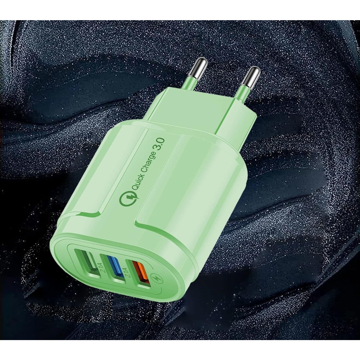 Incarcator Rapid QC3.0, Flippy, 3 Porturi USB, 2.1A, 18W, din ABS, Protectie Supraincalzire, Gama Macarons, Verde