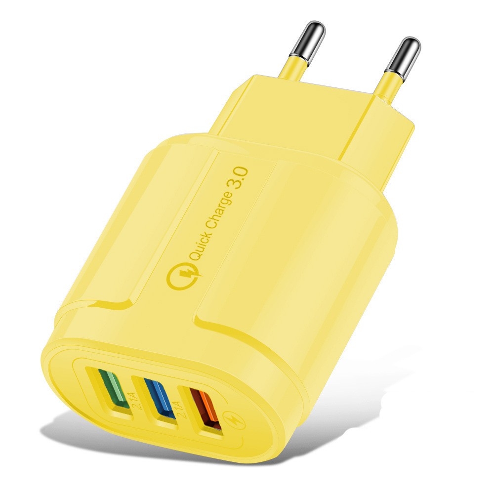 Incarcator Rapid QC3.0, Flippy, 3 Porturi USB, 2.1A, 18W, din ABS, Protectie Supraincalzire, Gama Macarons, Galben