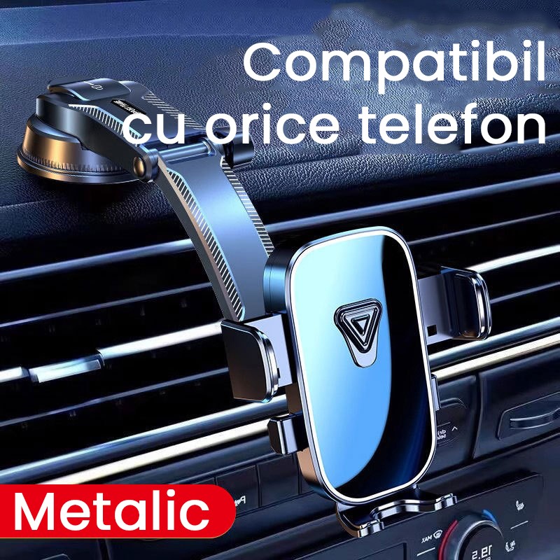 Suport Auto Multifunctional pentru Telefon, Flippy, Suport pentru Navigatie, Rotativ cu Ventuza, cu fixare Geam si Parbriz, 20 x 14 x 11 cm, Albastru oglinda