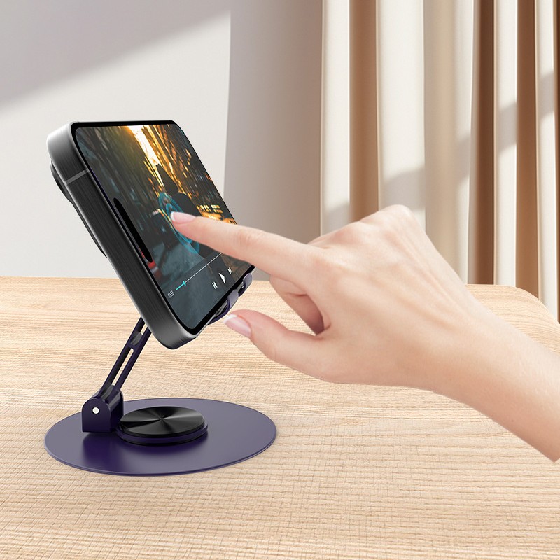 Suport rotativ pentru telefon, Flippy, Complet Metalic, Pliabil, Design Modern pentru Desktop, Multifunctional, Compatibil cu Tableta, 10.5 x 9 x 9 cm, 80 g, Mov