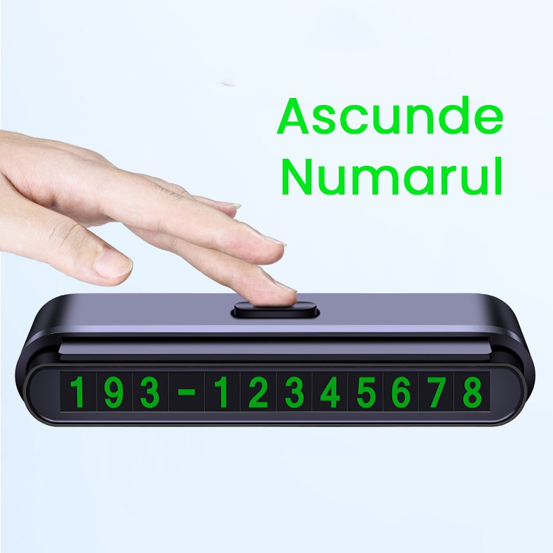 Suport Numar de Telefon pentru Parcare Auto, Flippy, Suport pentru Numarul detelefon, Banda glisanta pentru Ascundere, Banda Adeziva Inclusa, 120 x 48 x 24 mm, Cifre Verzi, Negru Mat