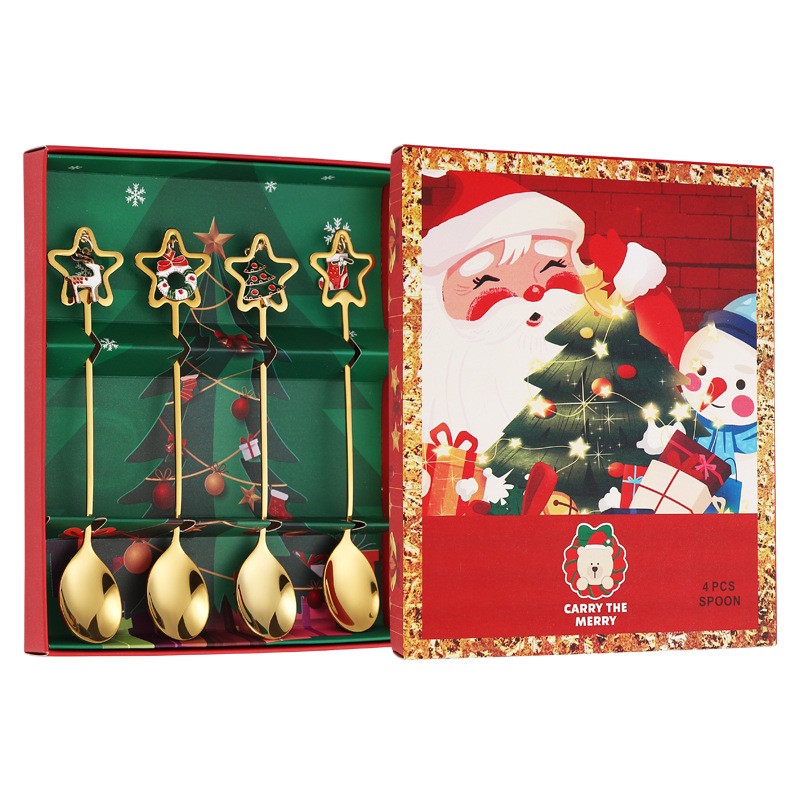 Set 4 Lingurite, Flippy, Tema Craciun, Model Carry The Merry, 4 Modele Tip Pandantiv cu Steluta, din Otel Inoxidabil, 19 x 16 x 2 cm, Multicolor