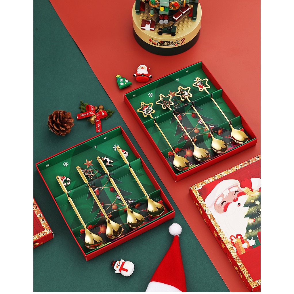 Set 4 Lingurite, Flippy, Tema Craciun, Model Carry The Merry, 4 Modele Tip Pandantiv, din Otel Inoxidabil, 19 x 16 x 2 cm, Multicolor