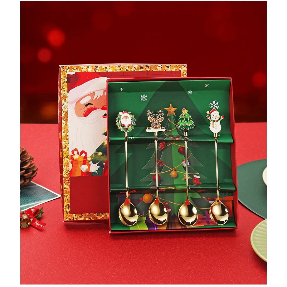 Set 4 Lingurite, Flippy, Tema Craciun, Model Carry The Merry, 4 Modele, din Otel Inoxidabil, 19.5 x 16 x 2 cm, Multicolor