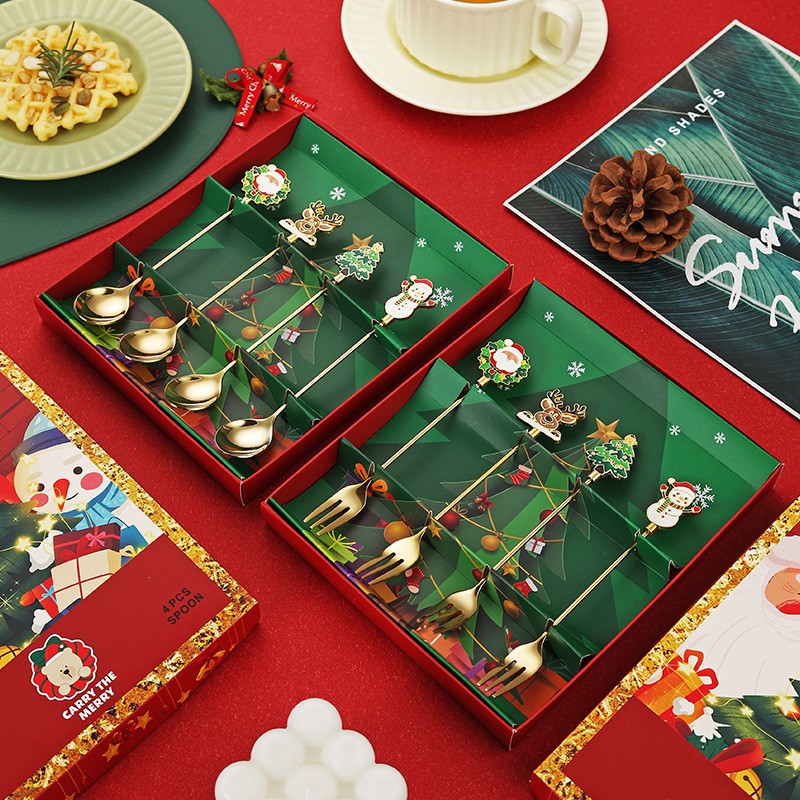 Set 4 Lingurite, Flippy, Tema Craciun, Model Carry The Merry, 4 Modele, din Otel Inoxidabil, 19.5 x 16 x 2 cm, Multicolor