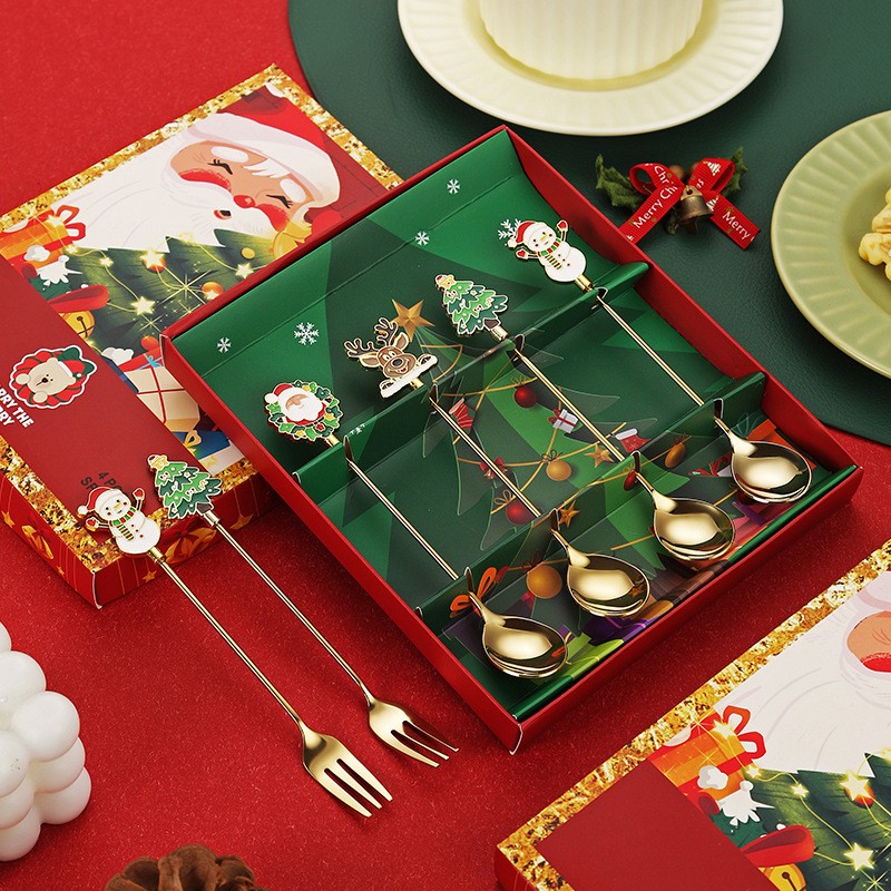 Set 4 Lingurite, Flippy, Tema Craciun, Model Carry The Merry, 4 Modele, din Otel Inoxidabil, 19.5 x 16 x 2 cm, Multicolor