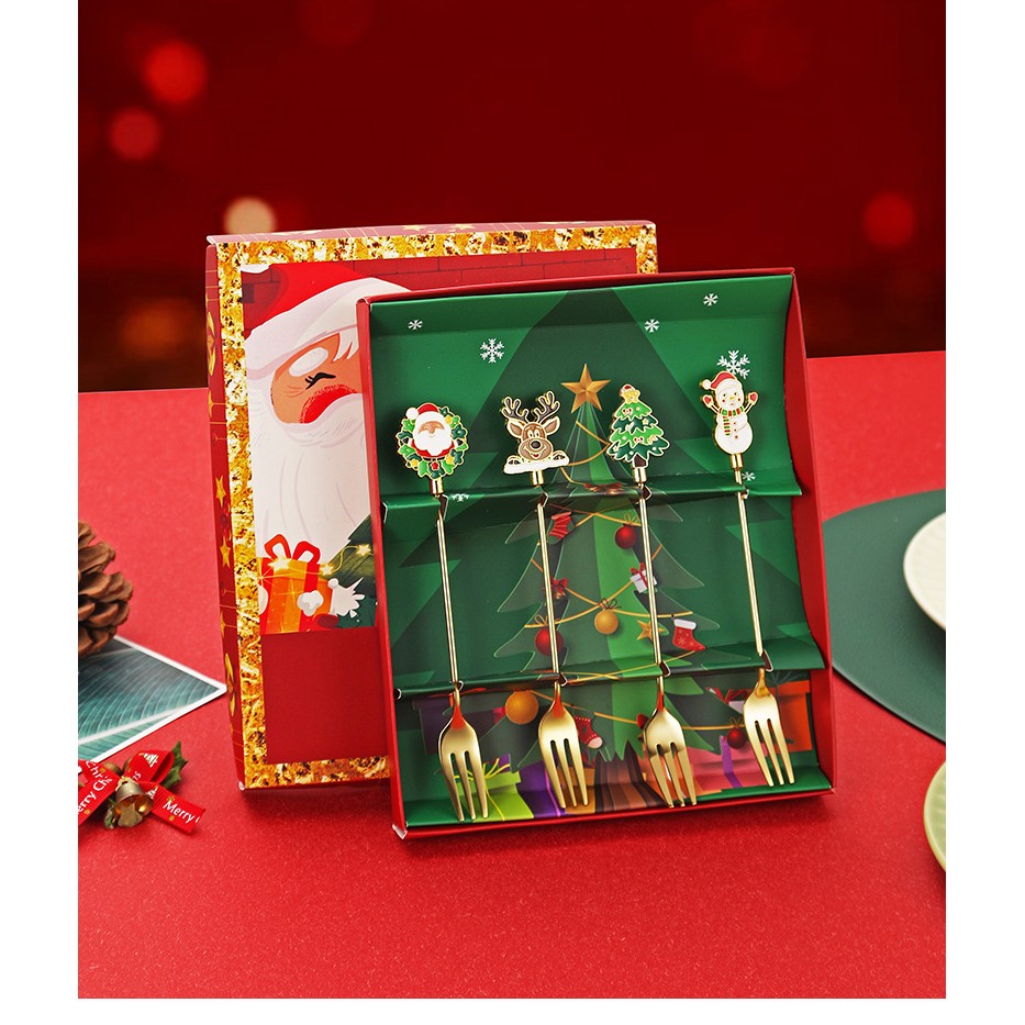 Set 4 Furculite, Flippy, Tema Craciun, Model Carry The Merry, 4 Modele, din Otel Inoxidabil, 19.5 x 16 x 2 cm, Multicolor
