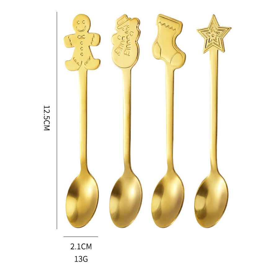 Set 4 Lingurite, Flippy, Tema Craciun, din Otel Inoxidabil, 4 Modele Festive, Cutie Cadou, 14 x 14 x 2.5 cm, Auriu