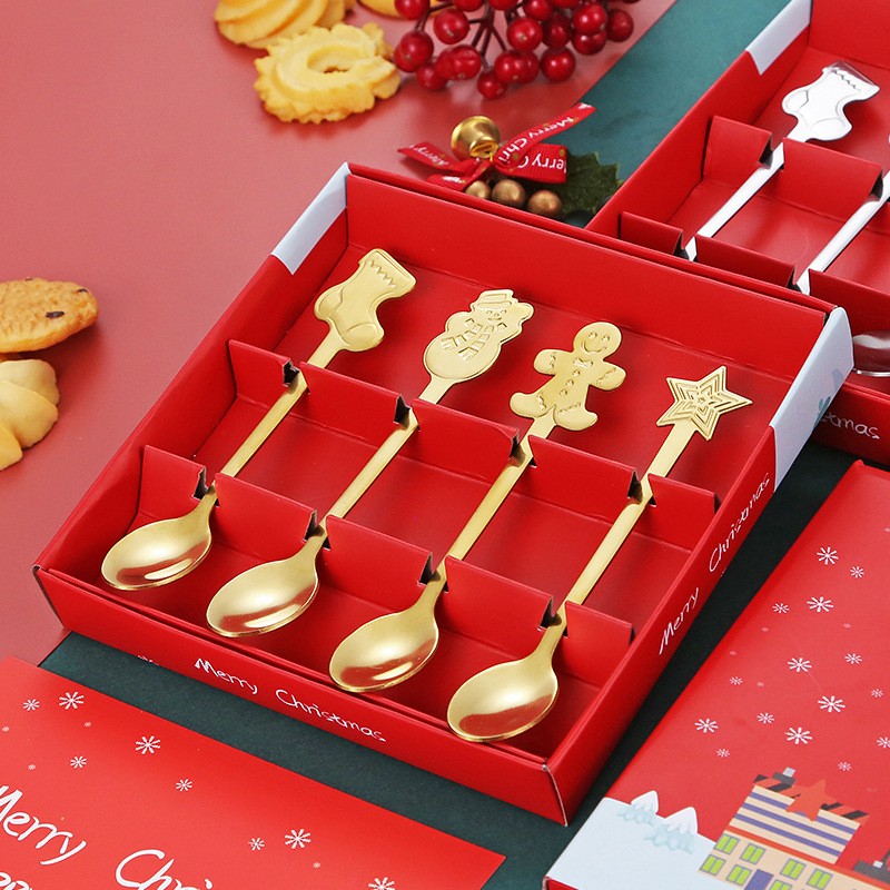 Set 4 Lingurite, Flippy, Tema Craciun, din Otel Inoxidabil, 4 Modele Festive, Cutie Cadou, 14 x 14 x 2.5 cm, Auriu