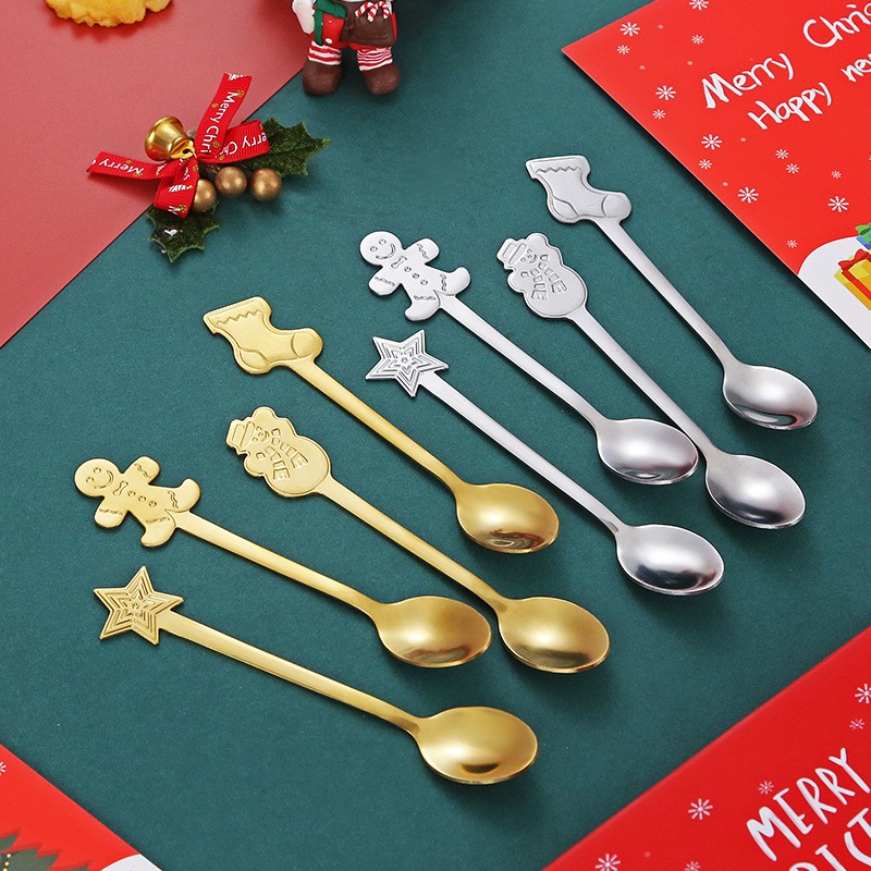 Set 4 Lingurite, Flippy, Tema Craciun, din Otel Inoxidabil, 4 Modele Festive, Cutie Cadou, 14 x 14 x 2.5 cm, Auriu