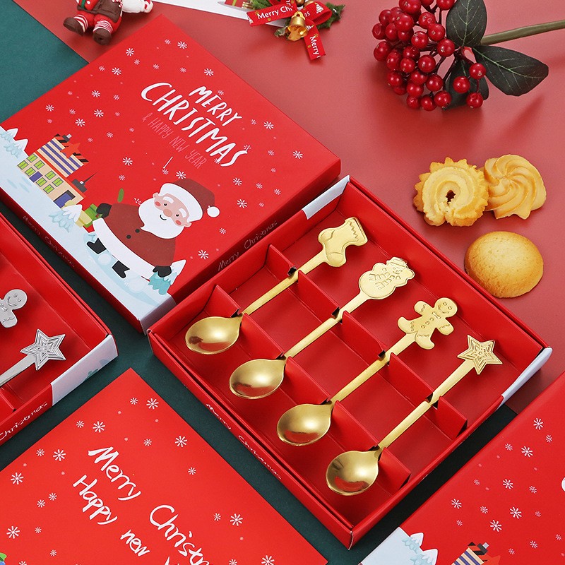 Set 4 Lingurite, Flippy, Tema Craciun, din Otel Inoxidabil, 4 Modele Festive, Cutie Cadou, 14 x 14 x 2.5 cm, Auriu