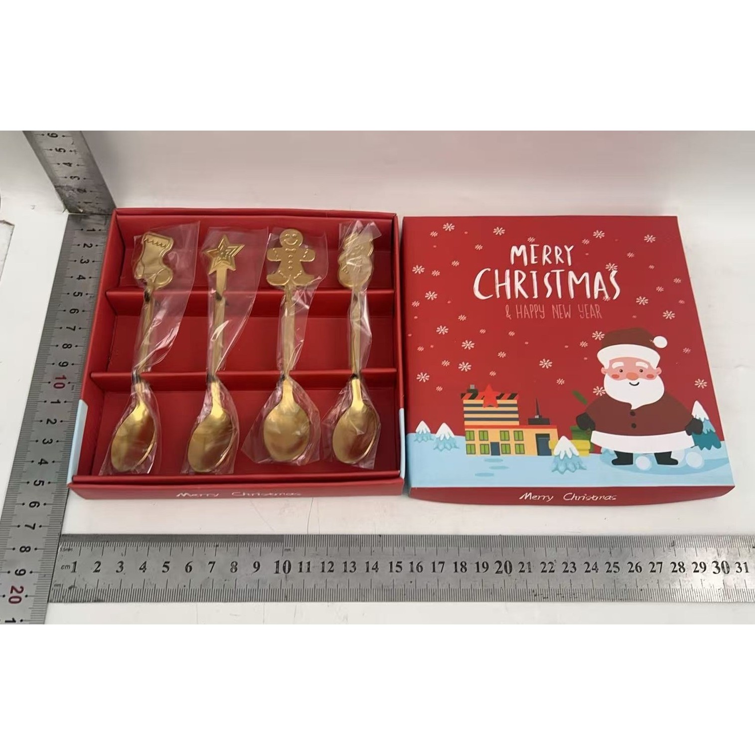 Set 4 Lingurite, Flippy, Tema Craciun, din Otel Inoxidabil, 4 Modele Festive, Cutie Cadou, 14 x 14 x 2.5 cm, Auriu
