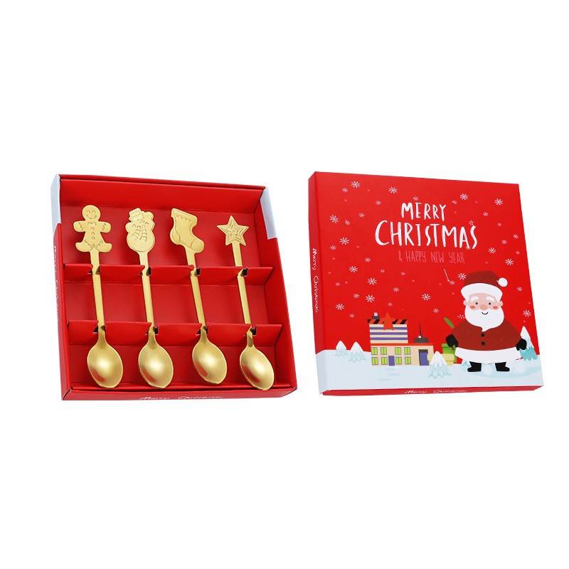 Set 4 Lingurite, Flippy, Tema Craciun, din Otel Inoxidabil, 4 Modele Festive, Cutie Cadou, 14 x 14 x 2.5 cm, Auriu
