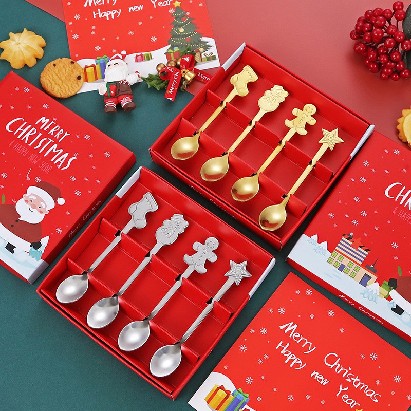 Set 4 Lingurite, Flippy, Tema Craciun, din Otel Inoxidabil, 4 Modele Festive, Cutie Cadou, 14 x 14 x 2.5 cm, Argintiu