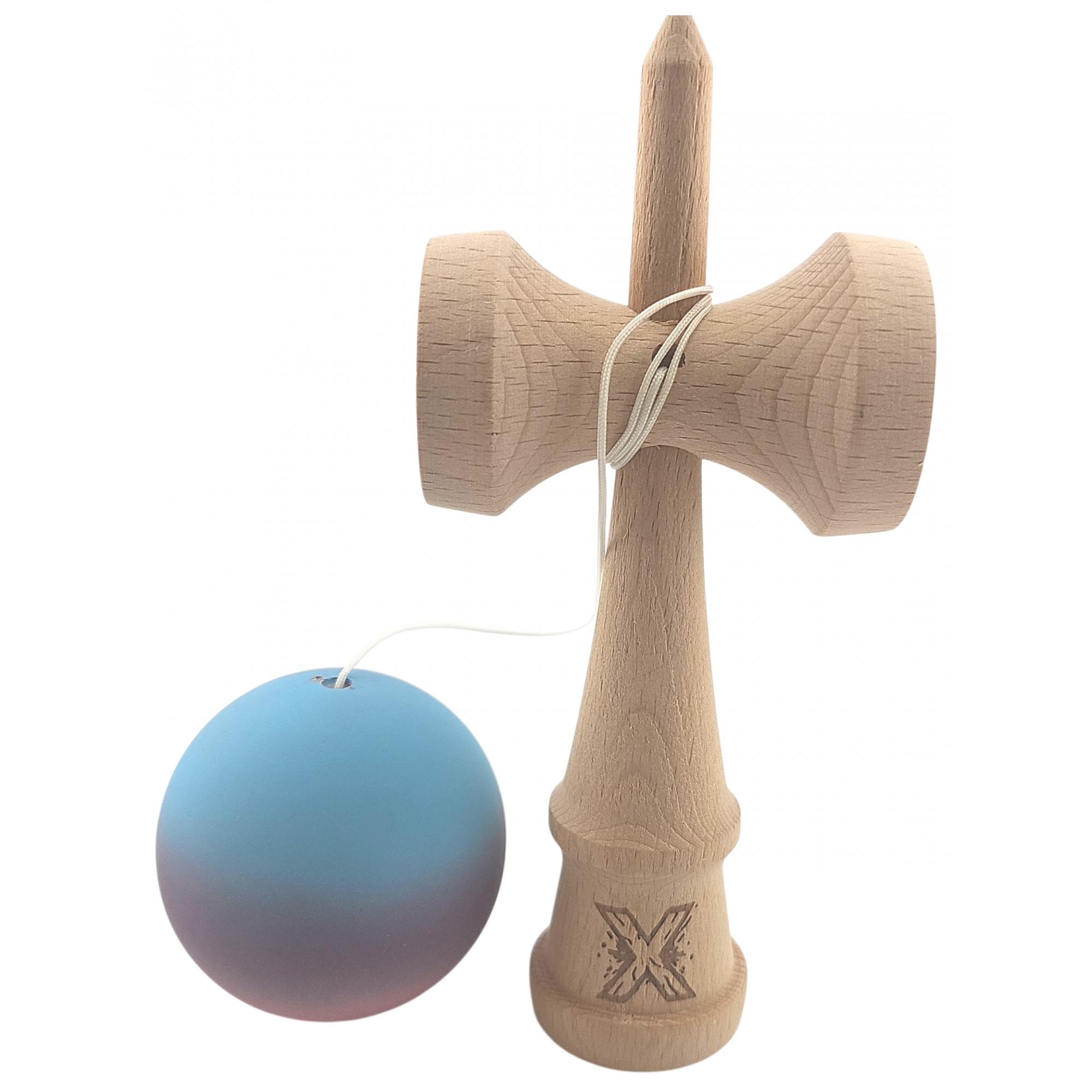 Kendama X Originala, Profesionala, Flippy, din Lemn, Rubber Grip, 18 cm, Roz/Mov/Albastru