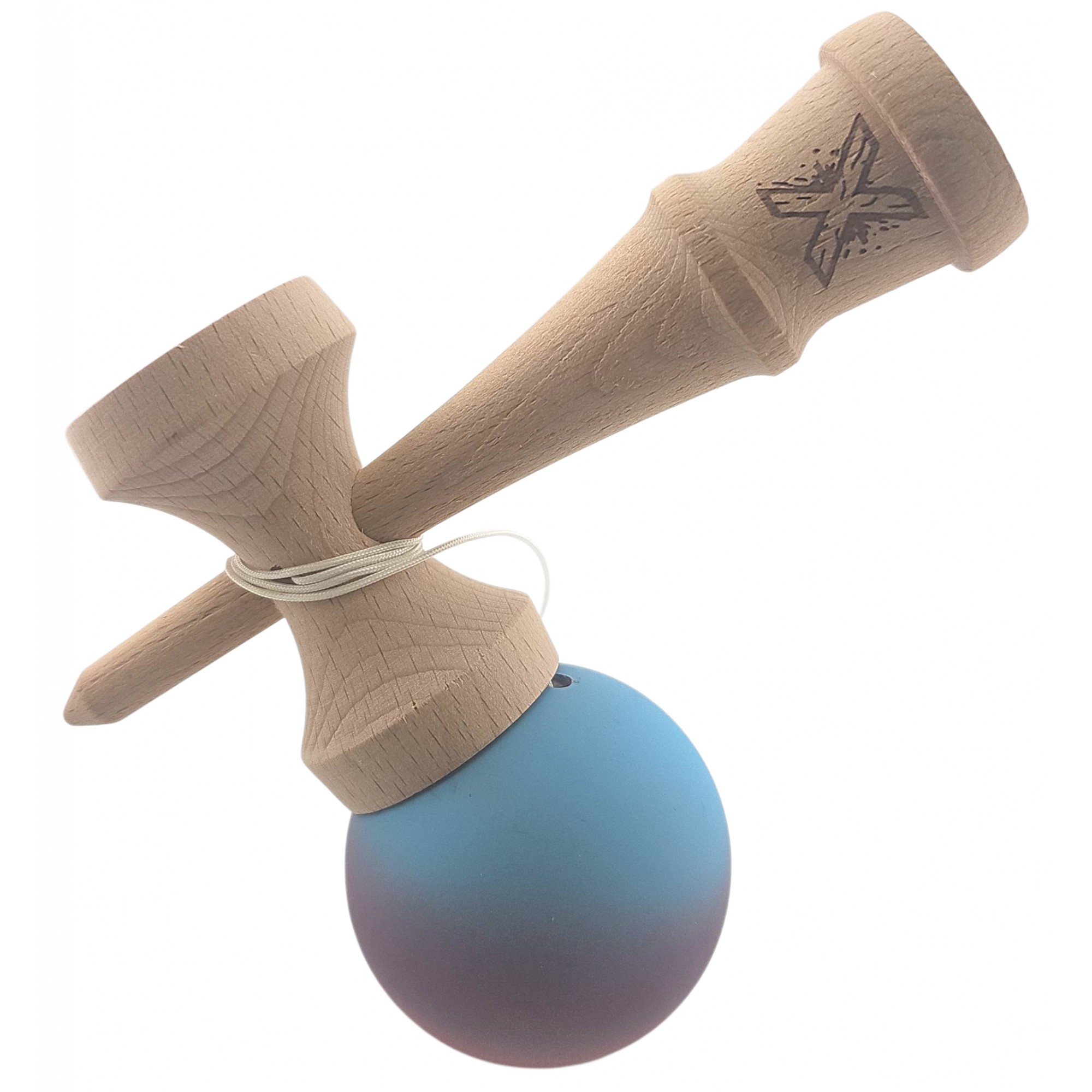 Kendama X Originala, Profesionala, Flippy, din Lemn, Rubber Grip, 18 cm, Roz/Mov/Albastru