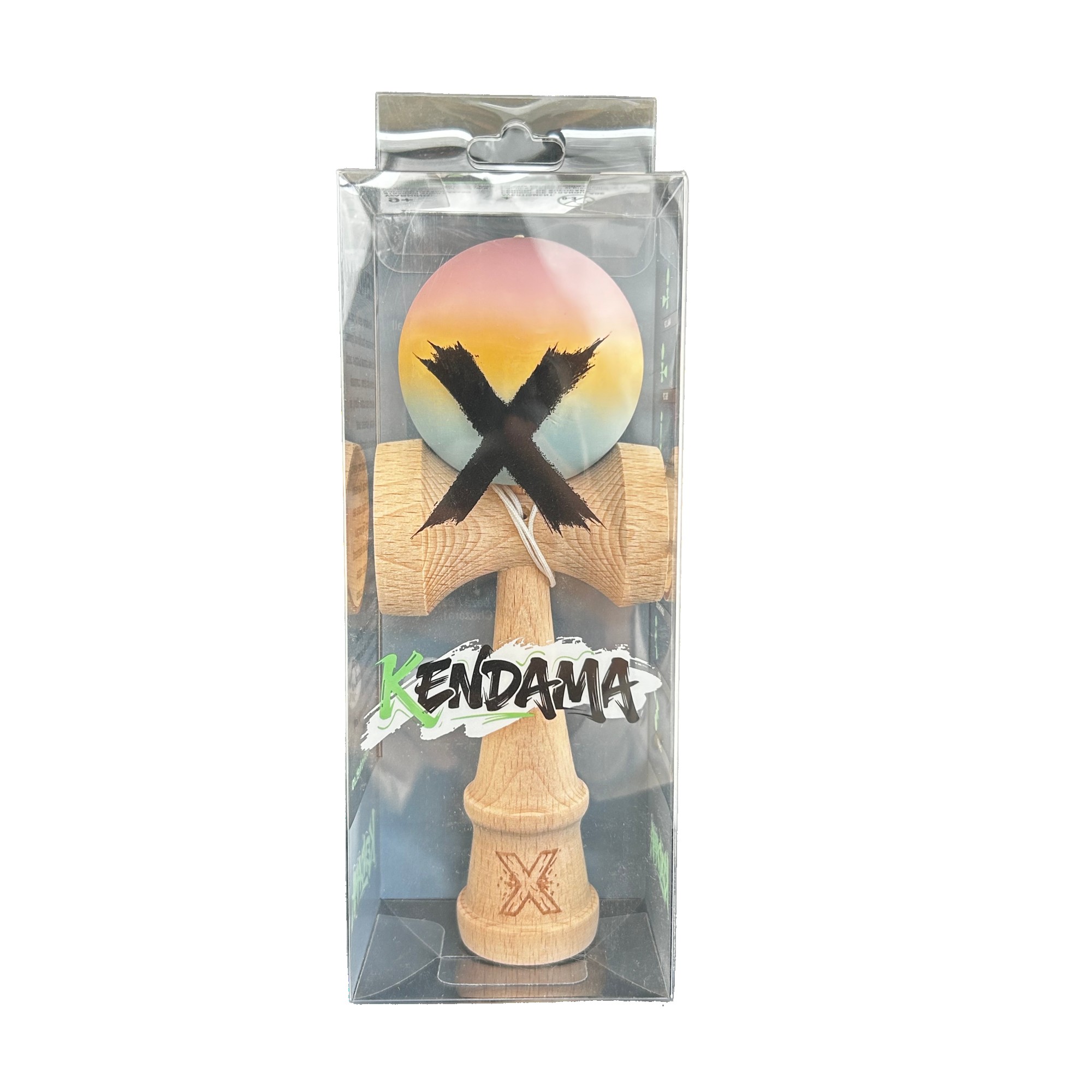 Jucarie Kendama X Originala, Profesionala, Flippy, din Lemn, Rubber Grip, 18 cm, Roz/Galben/Albastru