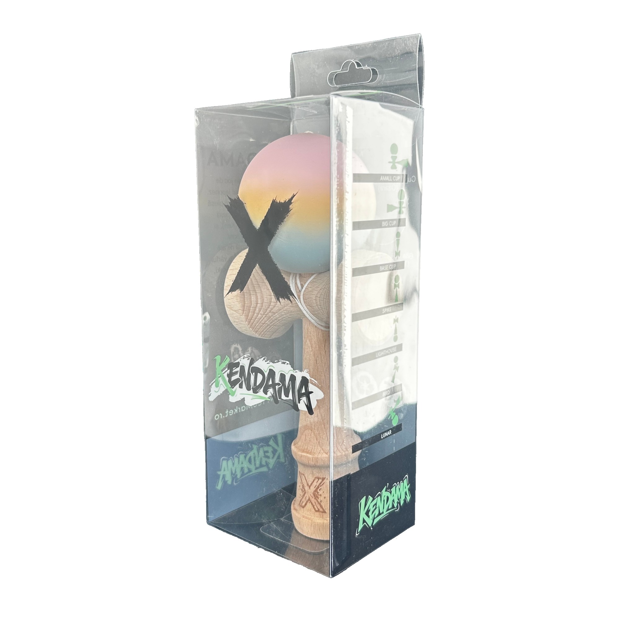 Jucarie Kendama X Originala, Profesionala, Flippy, din Lemn, Rubber Grip, 18 cm, Roz/Galben/Albastru