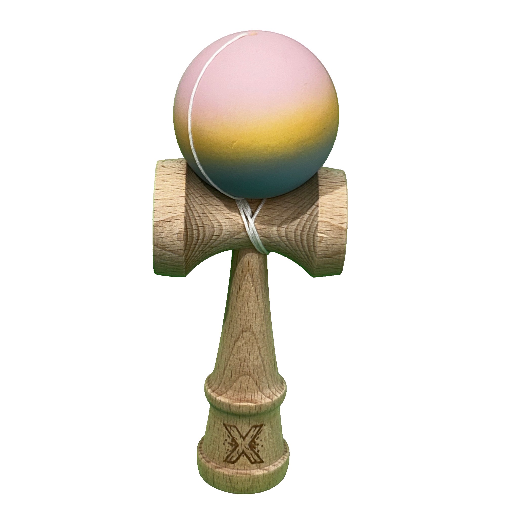 Jucarie Kendama X Originala, Profesionala, Flippy, din Lemn, Rubber Grip, 18 cm, Roz/Galben/Albastru