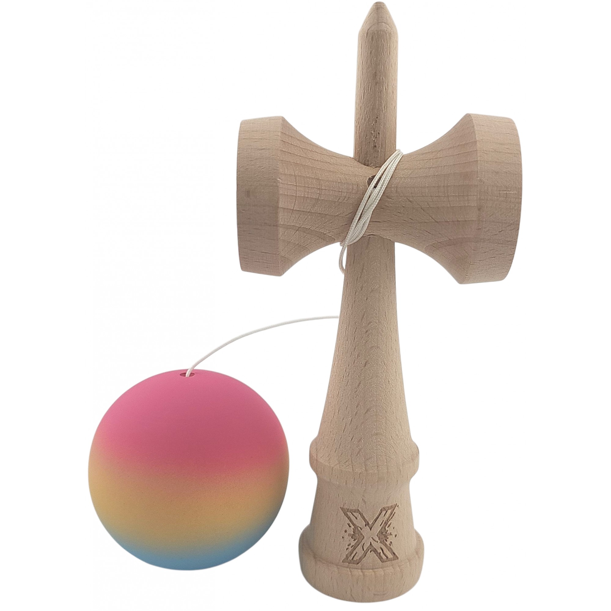 Kendama X Originala, Profesionala, Flippy, din Lemn, Rubber Grip, 18 cm, Roz/Galben/Albastru