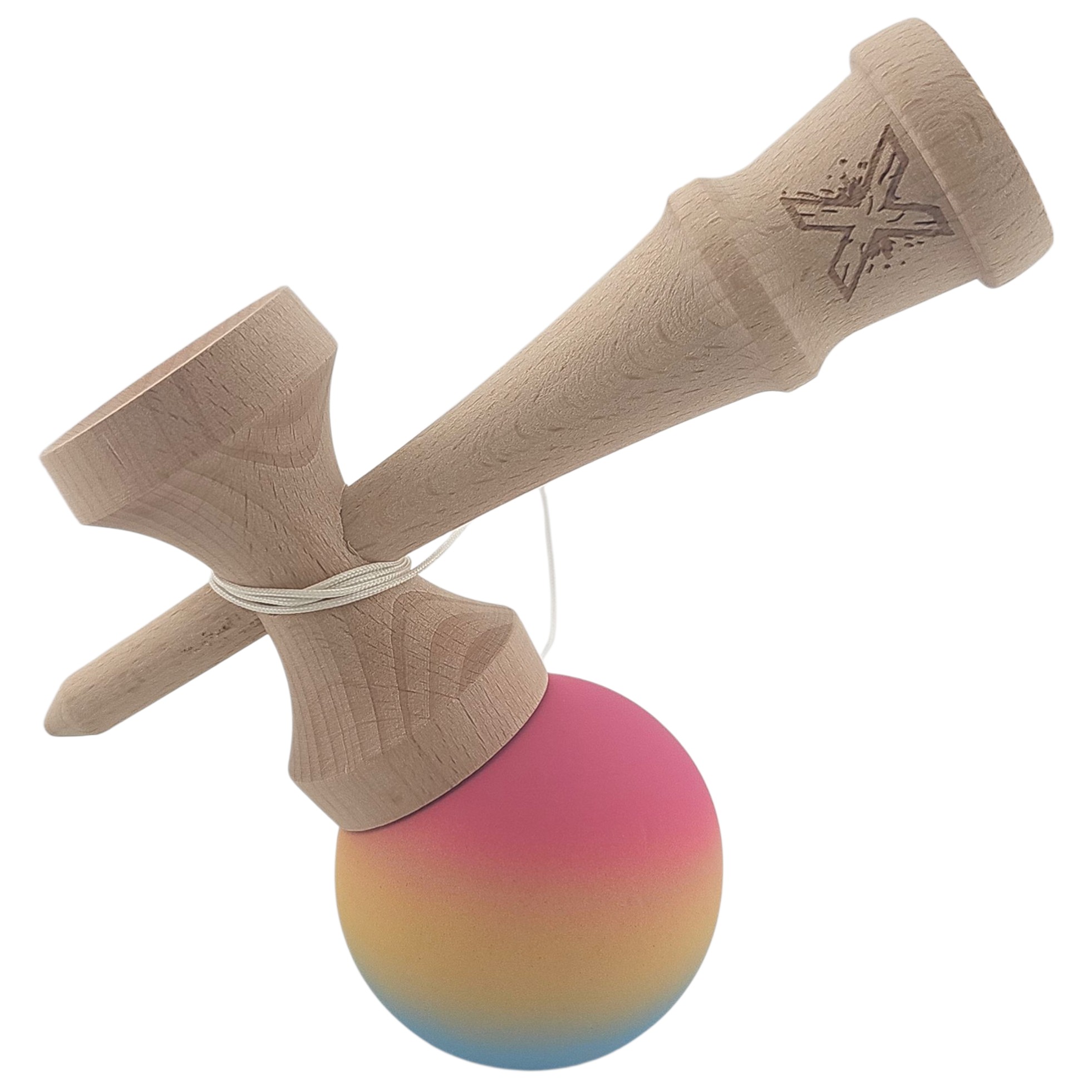 Kendama X Originala, Profesionala, Flippy, din Lemn, Rubber Grip, 18 cm, Roz/Galben/Albastru