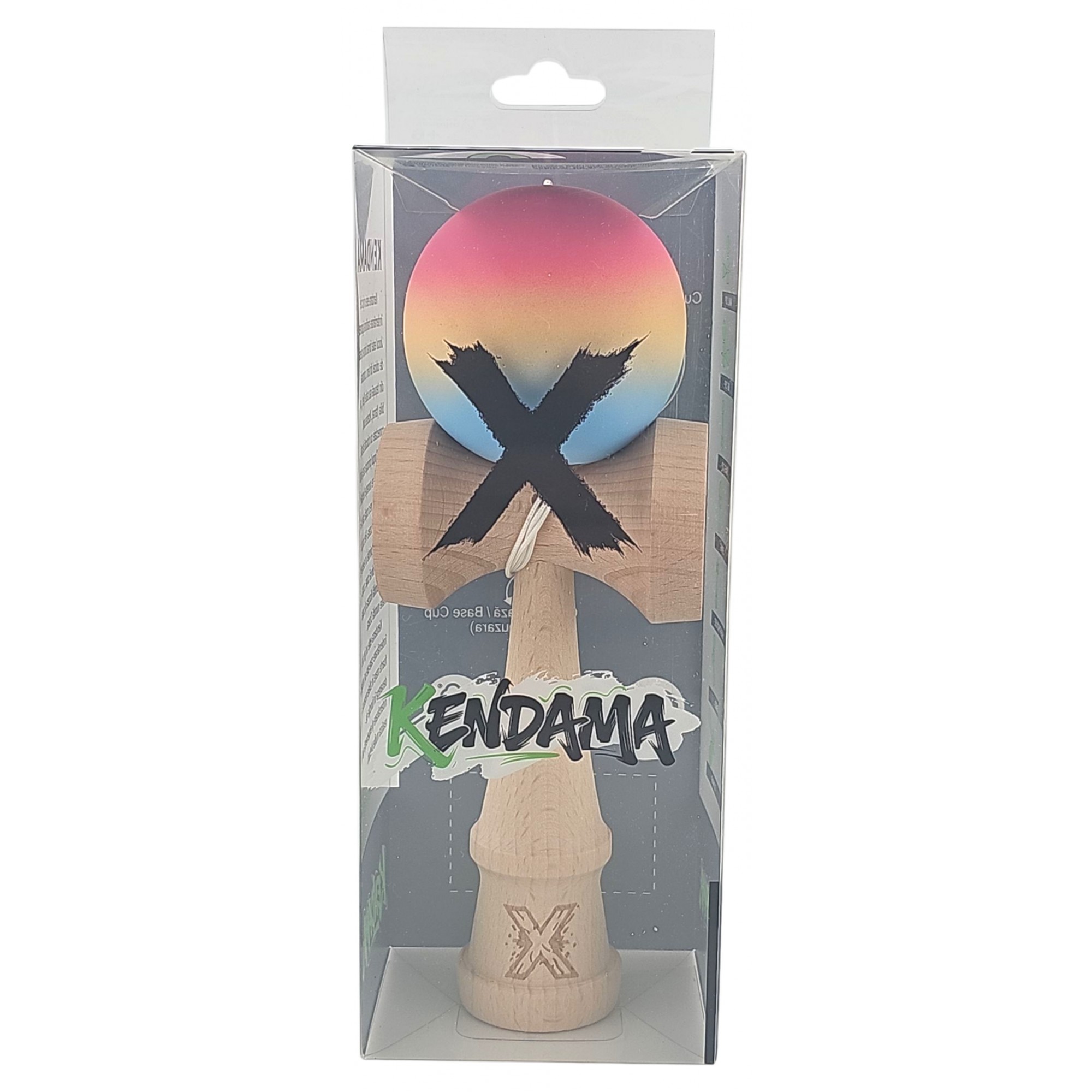 Kendama X Originala, Profesionala, Flippy, din Lemn, Rubber Grip, 18 cm, Roz/Galben/Albastru