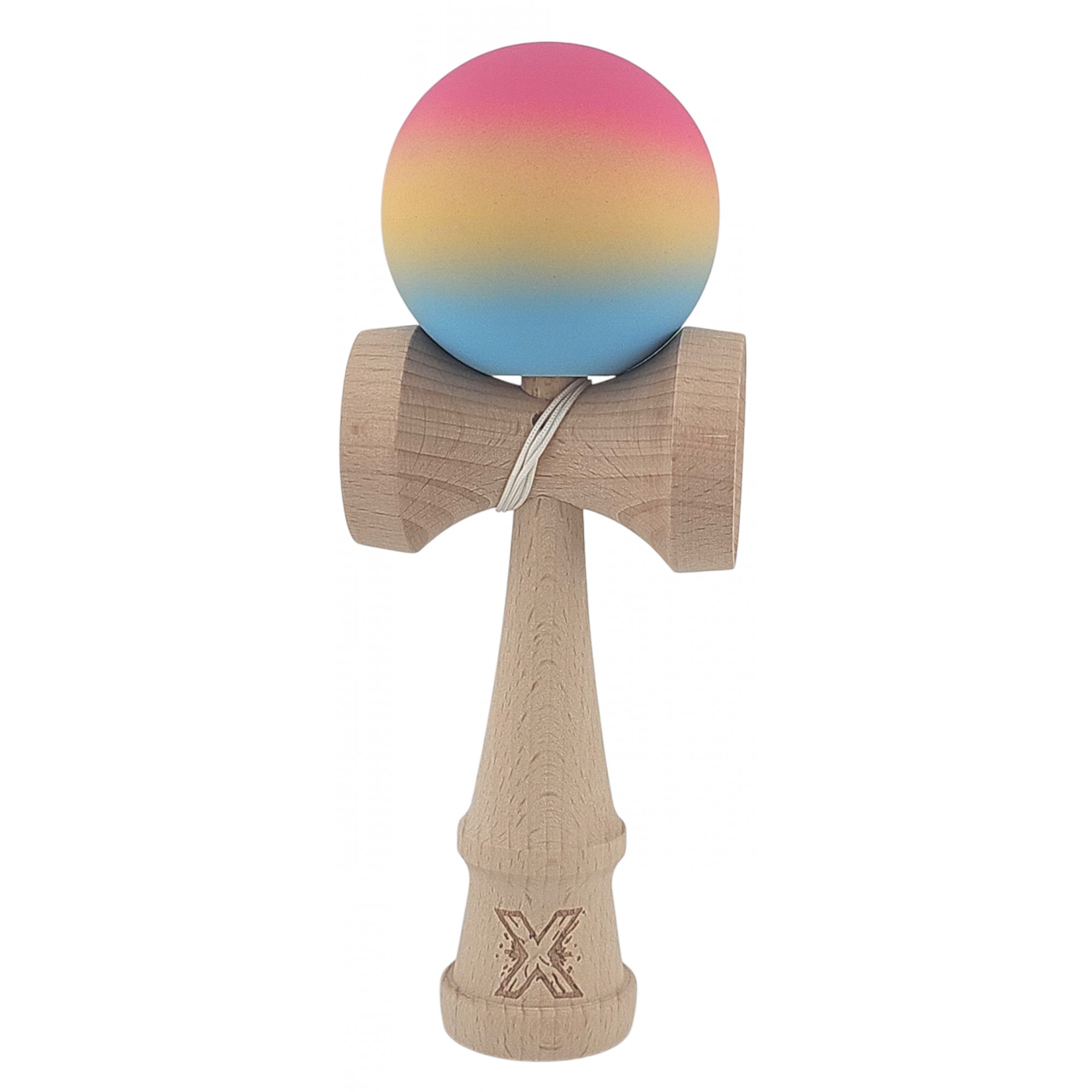 Kendama X Originala, Profesionala, Flippy, din Lemn, Rubber Grip, 18 cm, Roz/Galben/Albastru