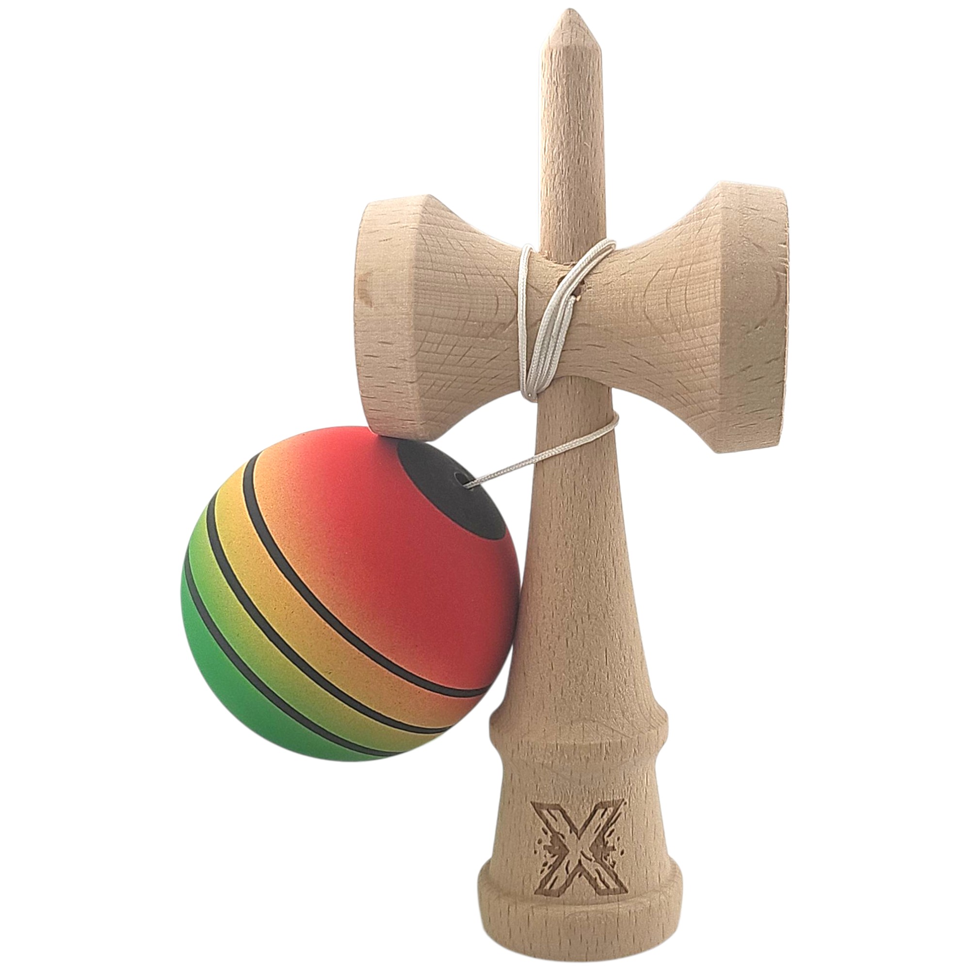 Kendama X Originala, Profesionala, Flippy, din Lemn, Rubber Grip, 18 cm, Rosu/Galben/Verde
