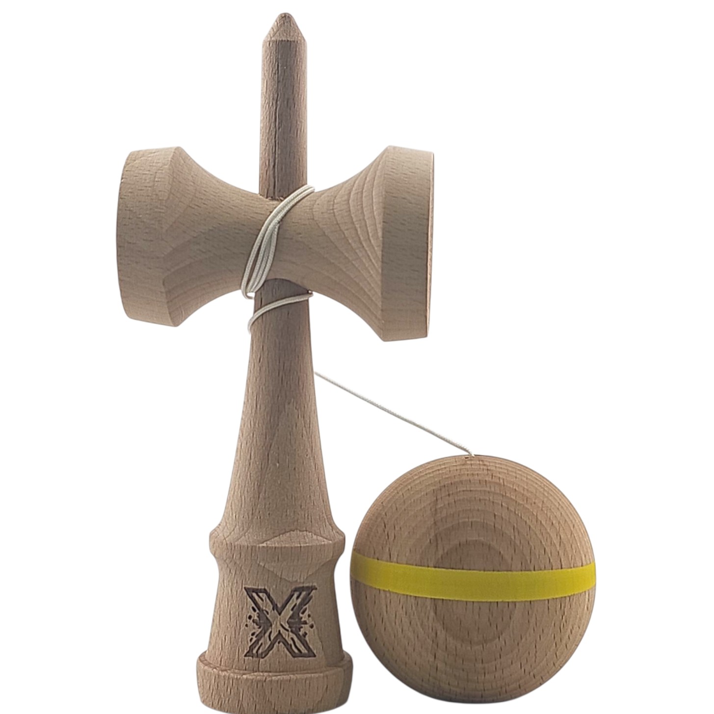 Kendama X Originală, Profesională, Flippy, din Lemn, 18 cm, cu Dunga, Galben, Lemn