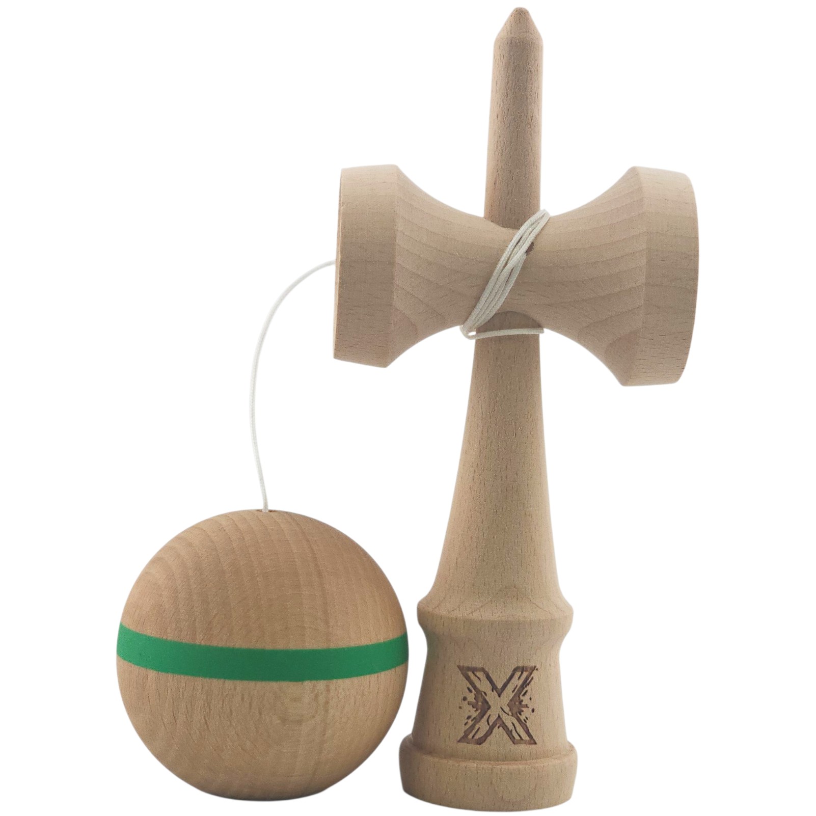 Kendama X Originală, Profesională, Flippy, din Lemn,18 cm, Model cu Dunga Verde