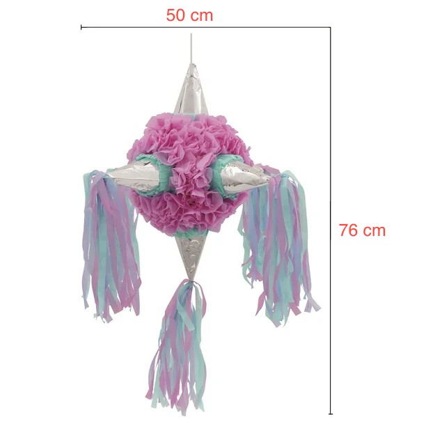 Pinata Rotunda pentru Petrecere, Flippy, Detalii Argintii, din Hartie si Carton, Pinata pentru Copii, 76 x 50 x 50 cm, Roz