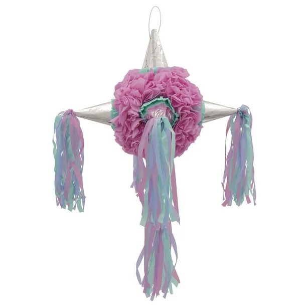 Pinata Rotunda pentru Petrecere, Flippy, Detalii Argintii, din Hartie si Carton, Pinata pentru Copii, 76 x 50 x 50 cm, Roz