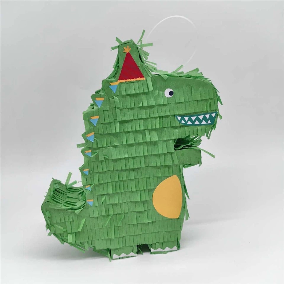Pinata Dinozaur pentru Petrecere, Flippy, Detalii Argintii, din Hartie si Carton, Pinata pentru Copii, 25 x 7 x 27 cm, Verde