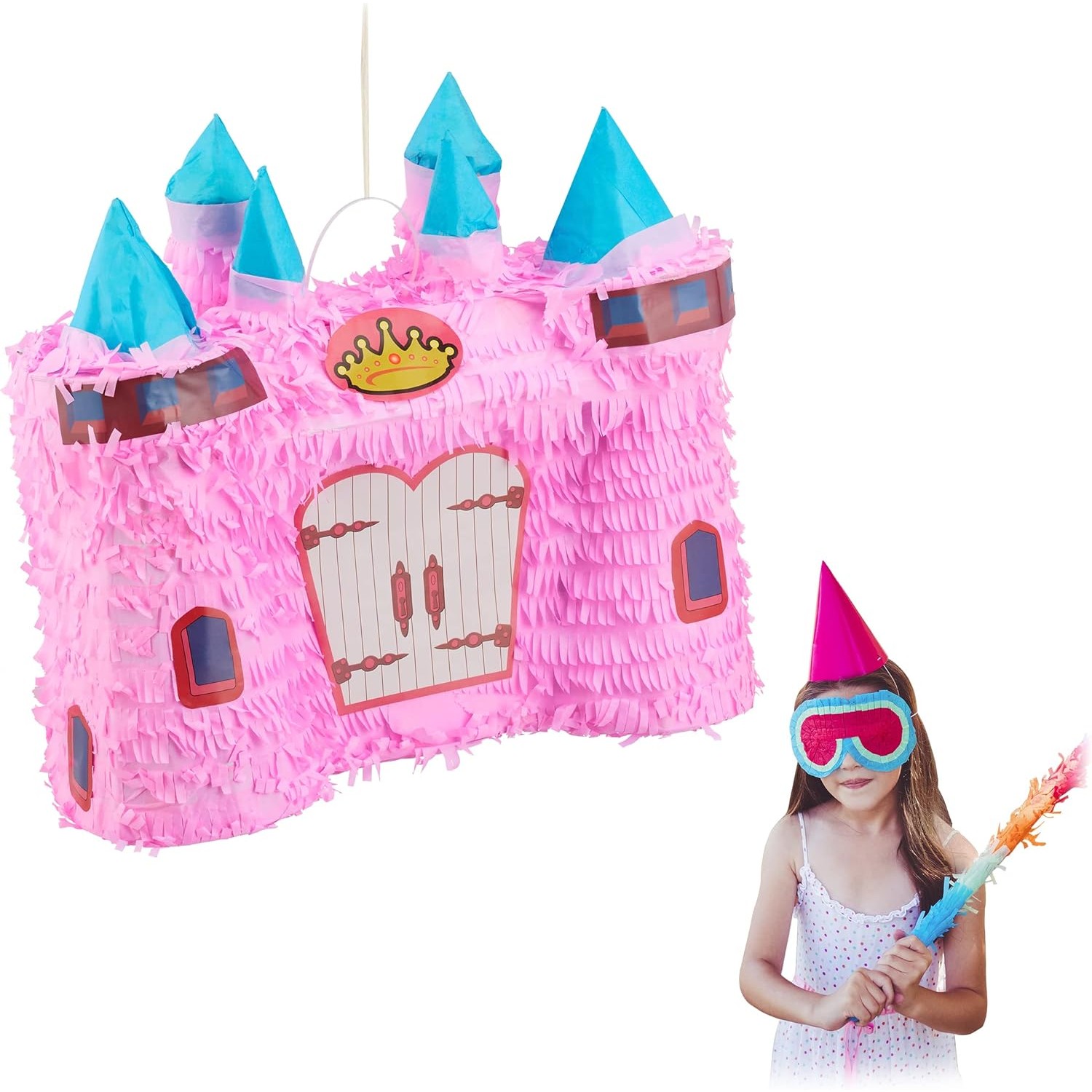 Pinata Castel Printesa pentru Petrecere, Flippy, din Hartie Creponata si Carton, Pinata pentru Petreceri, 40 x 37 x 15 cm, Roz deschis
